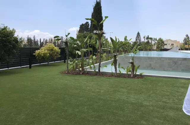 Jardín con césped artificial y palmeras junto a una piscina